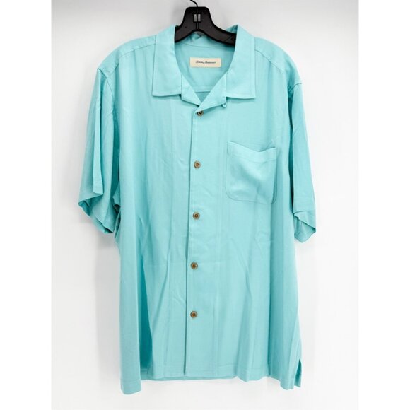 Tommy Bahama Mens Aqua Herringbone Camp Short Sleeve Viscose Shirt XL - Picture 1 of 11